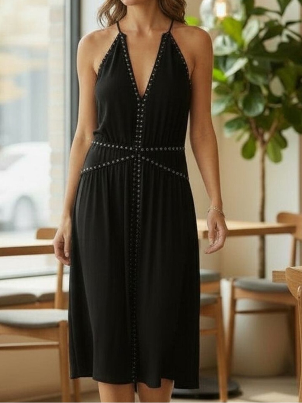 NEW White House Black Market Black Gold Midi Dress 8 Studded Sleeveless Flowy